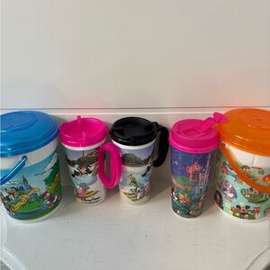 Disney parks collectible 2 popcorn buckets with lid and 3 rapid fill mugs cups